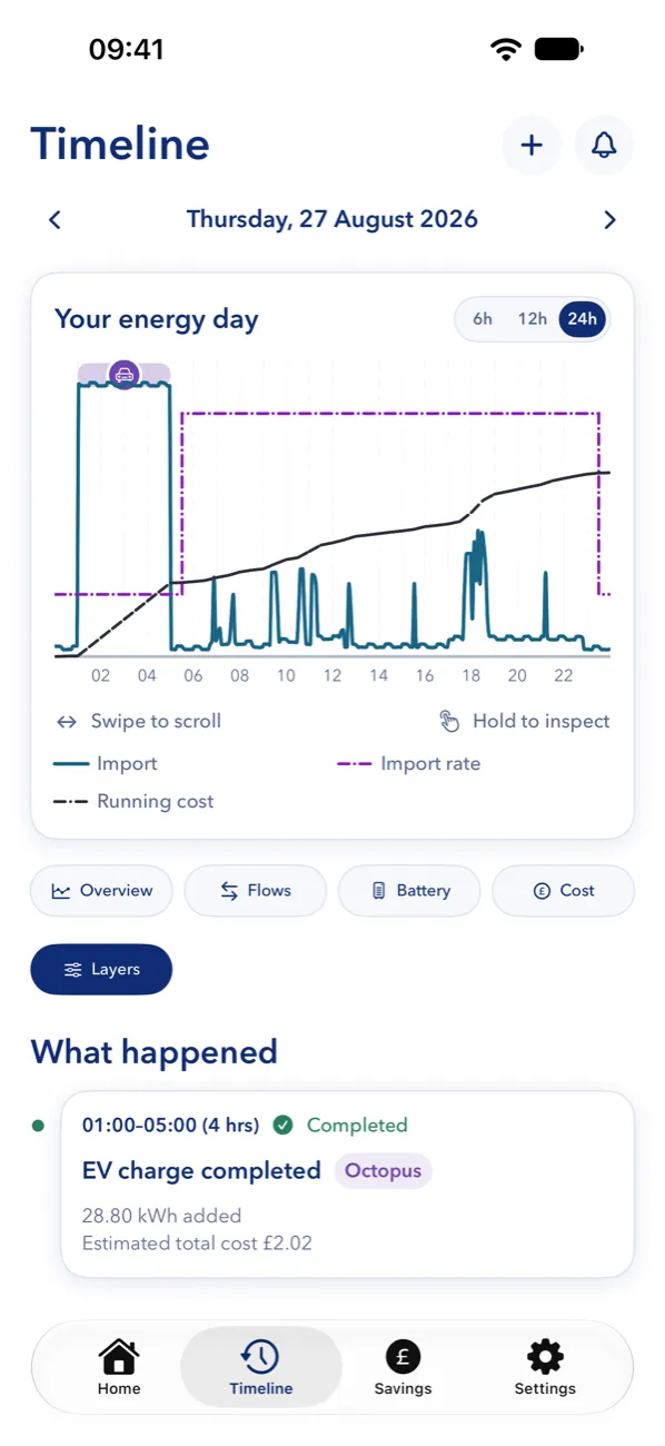The Wiggle Timeline screen: a day of electricity use against the import rate and running cost, with a completed overnight car charge