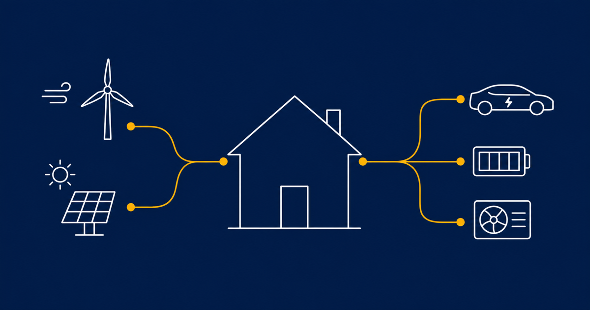 A British home connected by an amber energy curve to wind, solar, an electric car, heat pump, battery and washing machine