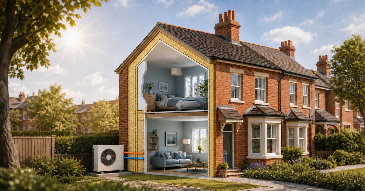 A well-insulated British home with an air-source heat pump during a summer heatwave