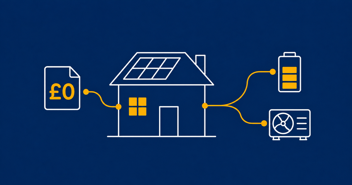A solar-powered home connected to a zero-pound energy bill, a battery and a heat pump
